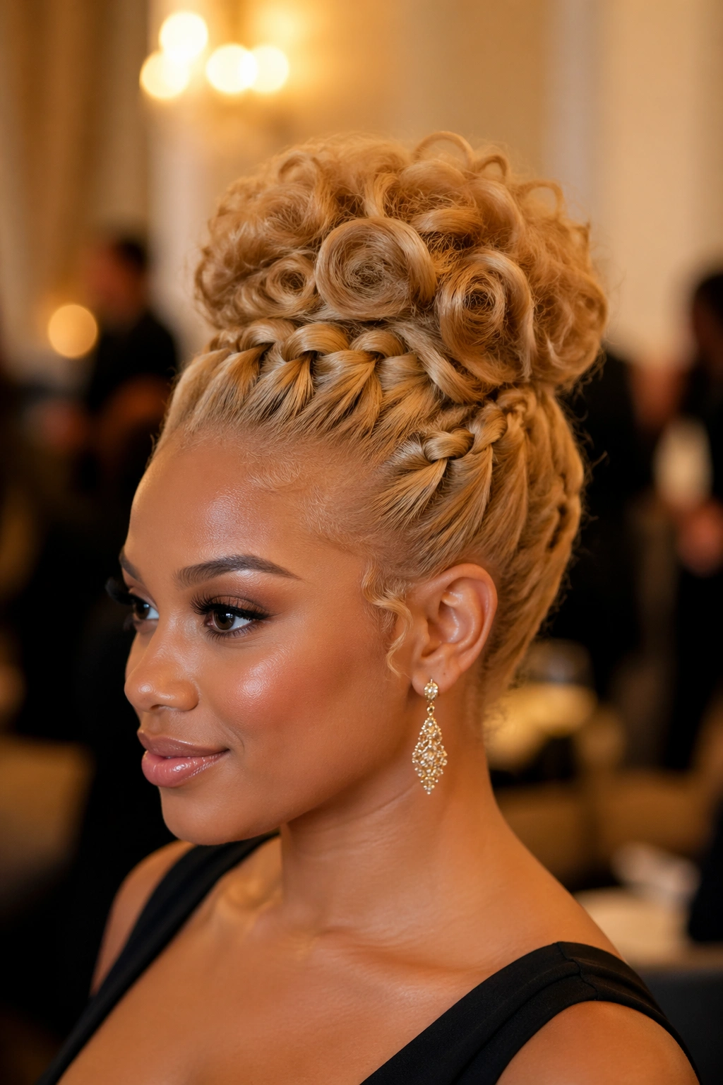 Close-up of a real woman with a blonde natural updo hairstyle