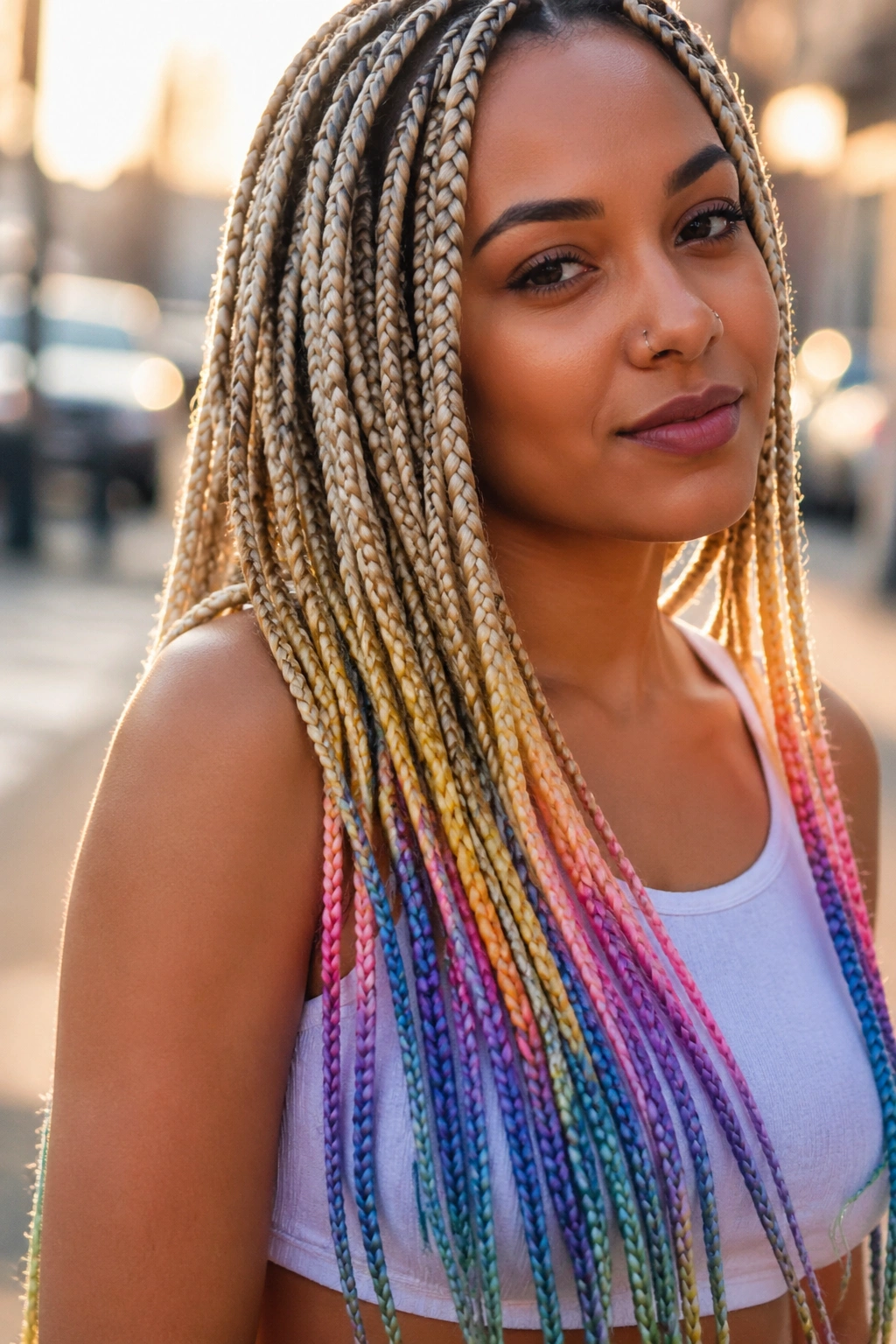Portrait of long blonde ombre braids blending into rainbow ends.