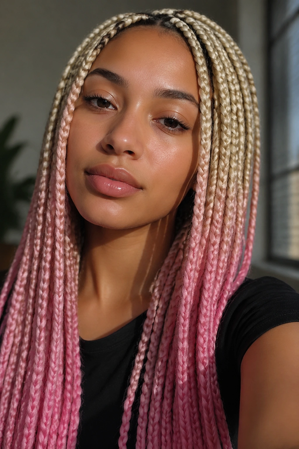 Close-up portrait of a real woman with ombré box braids from blonde to pink