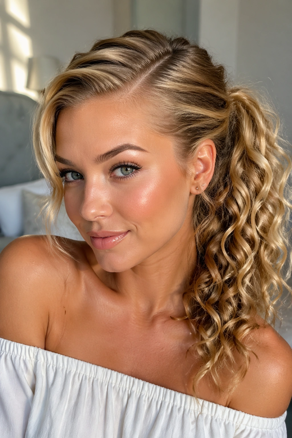 Close-up of a real woman with a deep side-part blonde curly ponytail in warm window light