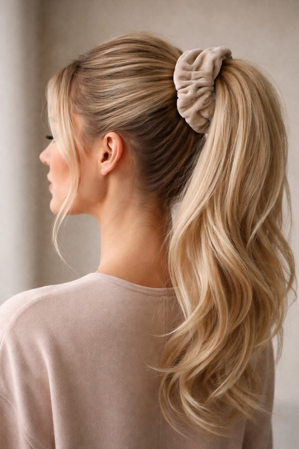 Close-up of blonde high ponytail secured with a large velvet scrunchie