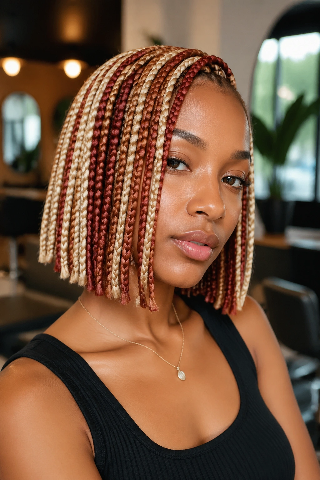 Close-up of a real woman with a chin-length bob of blonde and red box braids.