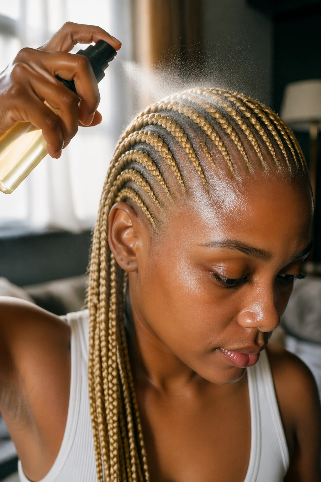 Close-up of blonde cornrows being refreshed with shine spray in an indoor setting.