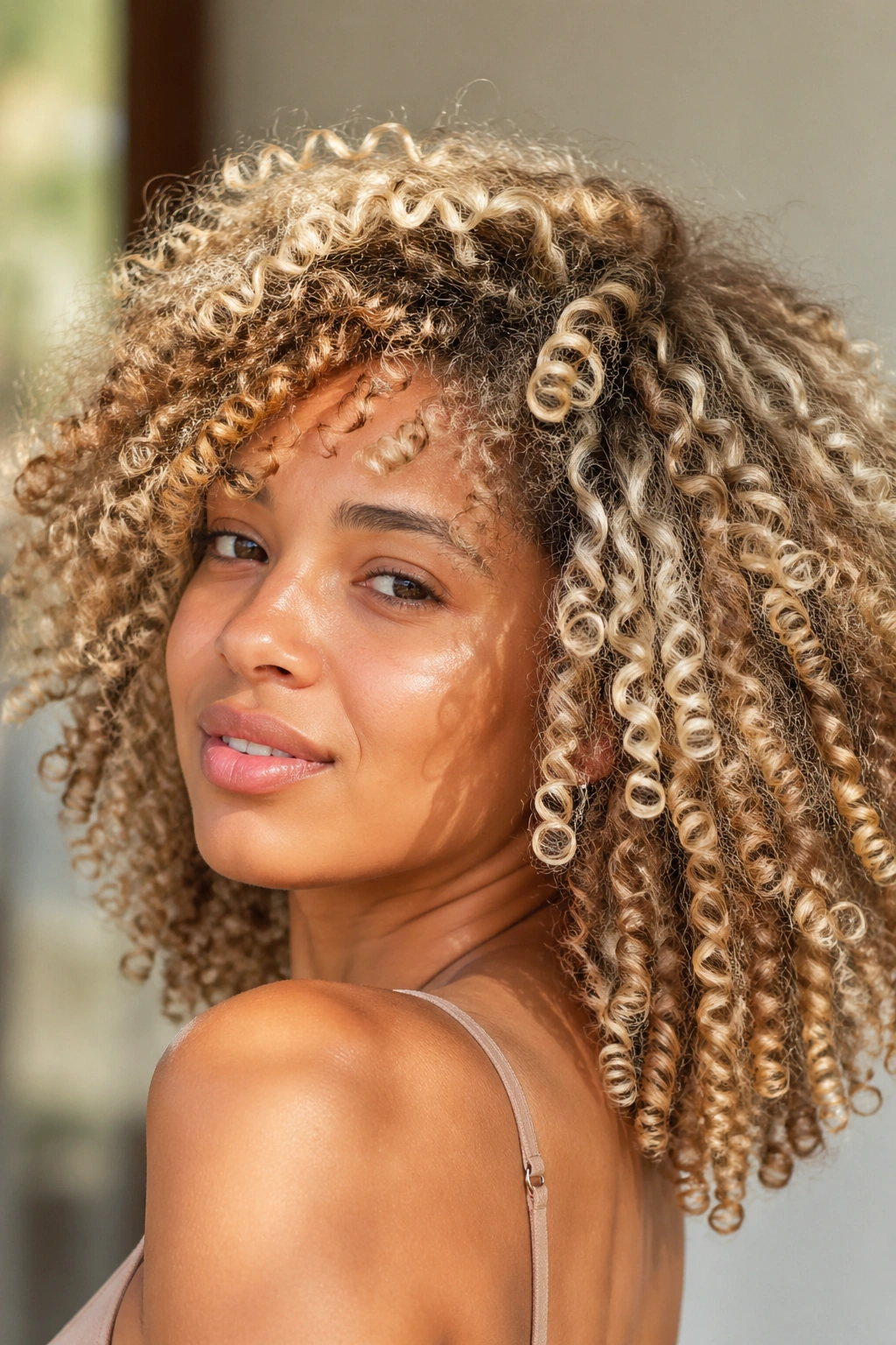 Portrait of a woman with multi-tone blonde curls in natural light