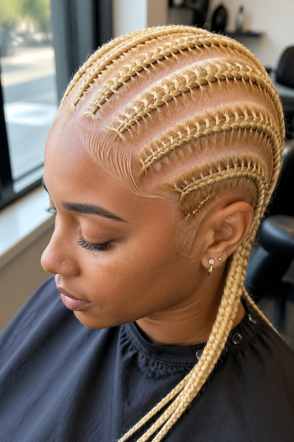 Close-up of blonde stitch cornrows on a real person with visible stitch pattern.