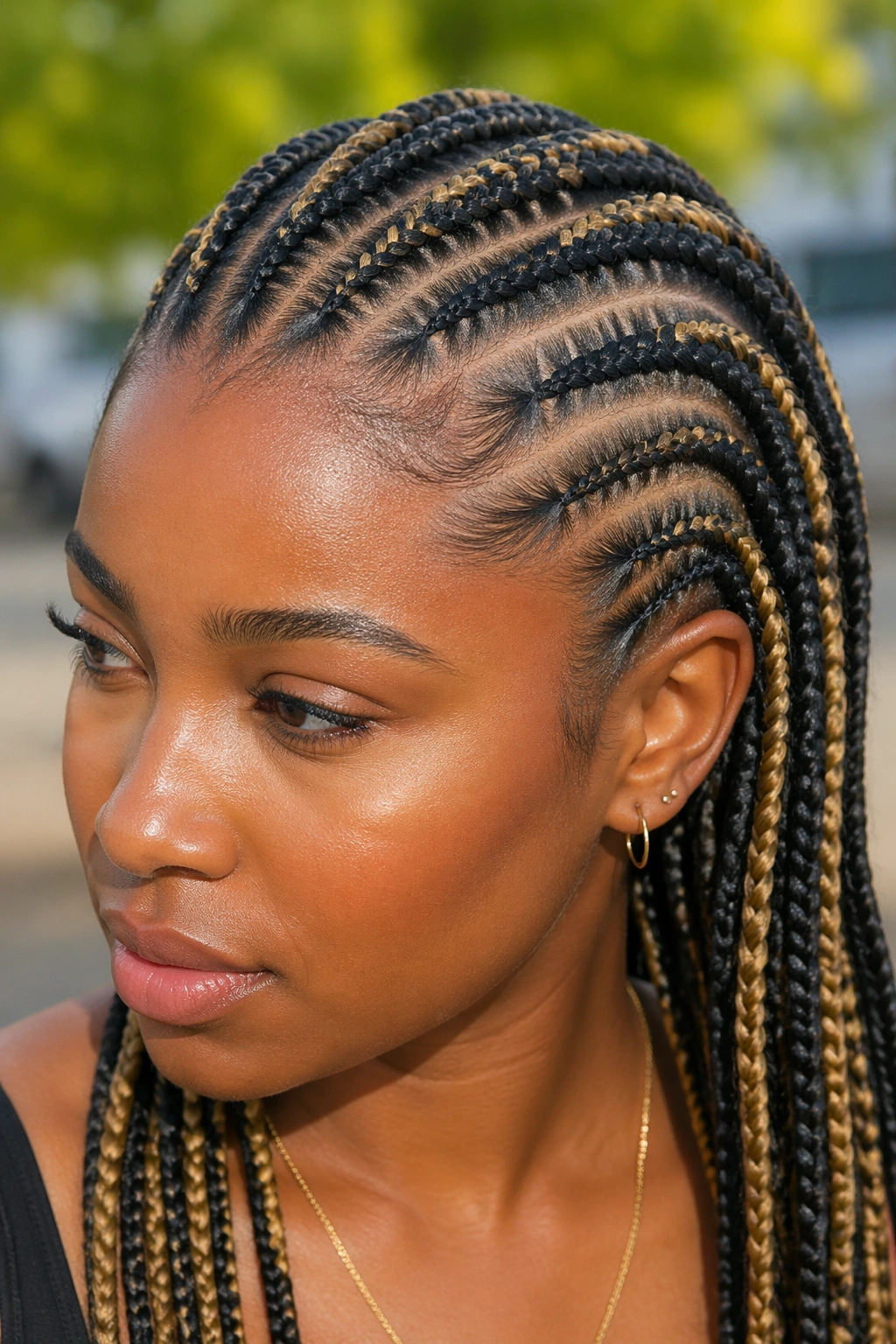 Close-up of a real person with cornrows featuring blonde streaks in natural light.