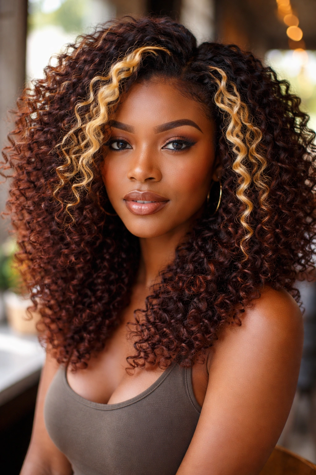 Real woman with blonde face-framing streaks on defined curls