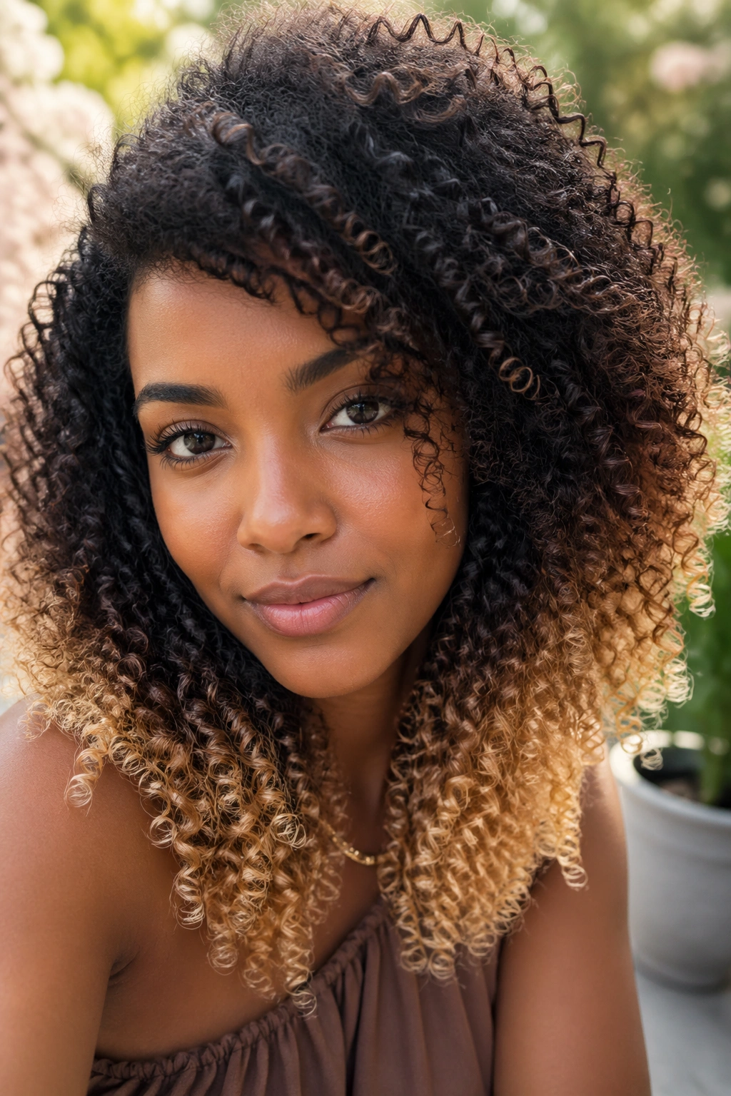 Close-up of a real woman with blonde tips on natural dark hair.