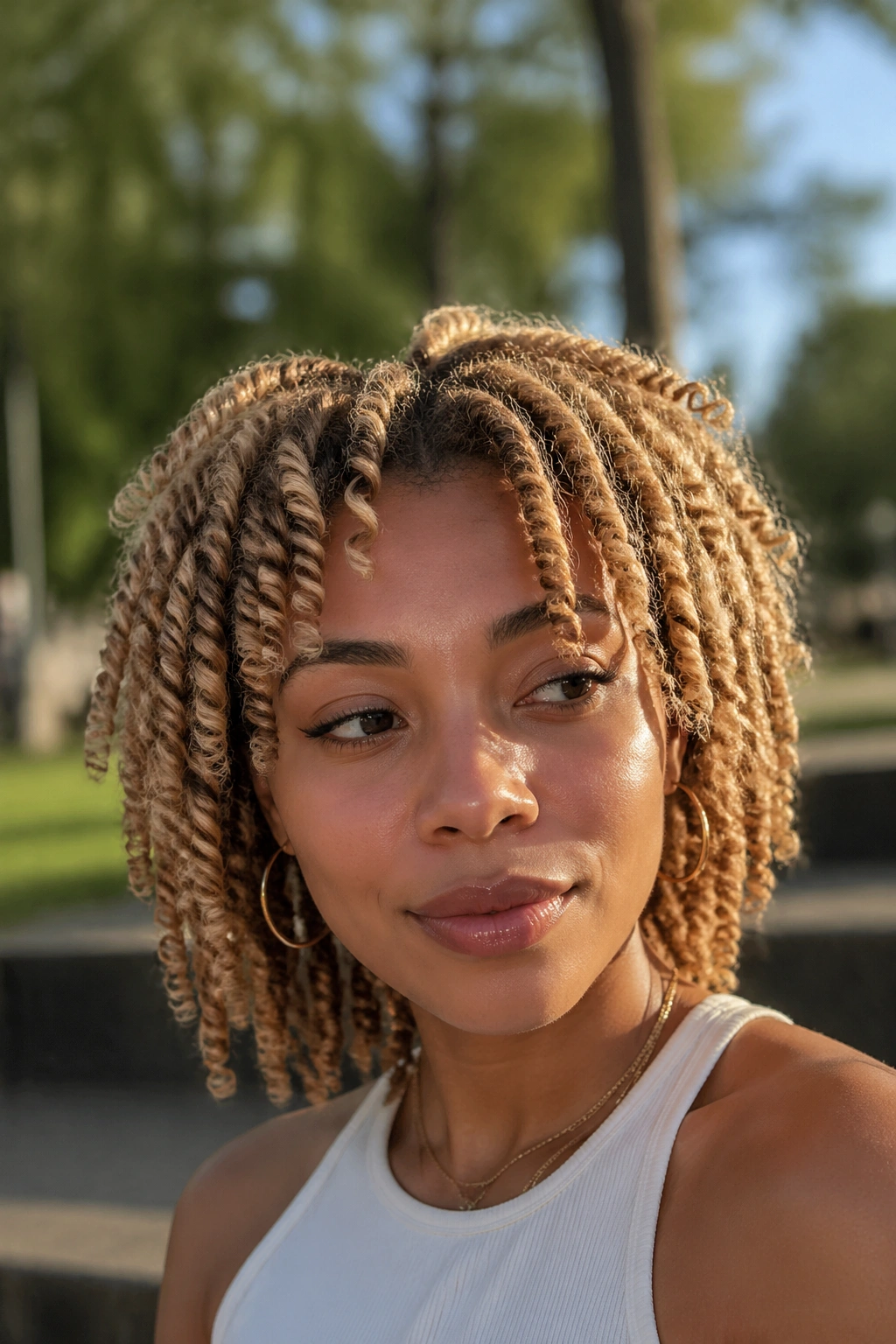 Close-up of a real woman with blonde twist-out hairstyle in sunlight