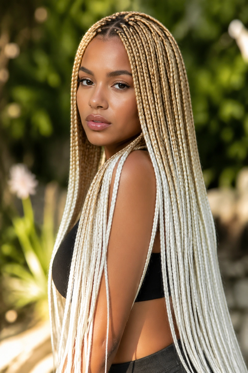 Waist-length blonde to white ombre box braids on a real woman