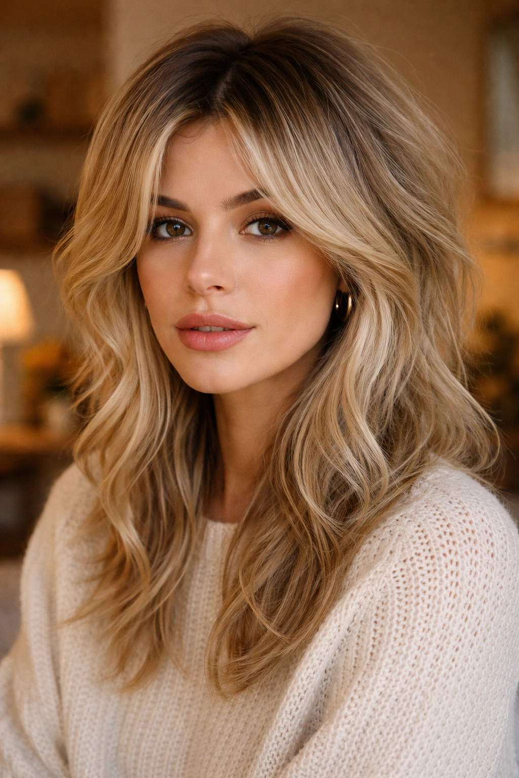 Close-up of real person with blonde wolf cut and shadow roots under warm light
