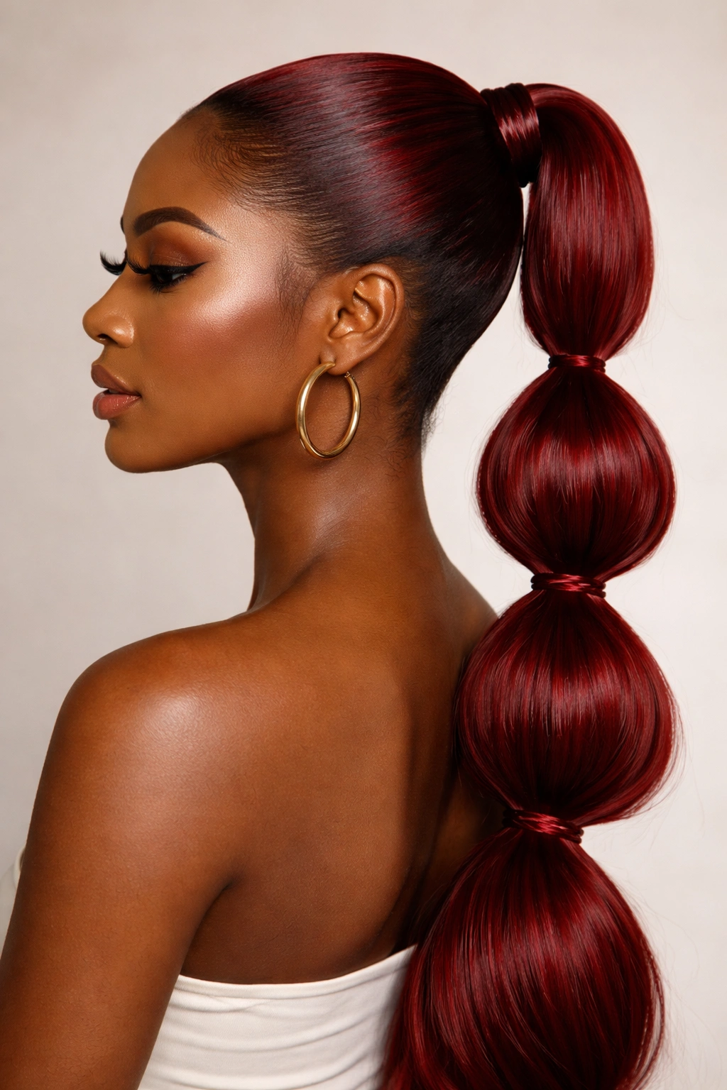 Close-up of a blood-red sleek ponytail with bubble sections and high shine.