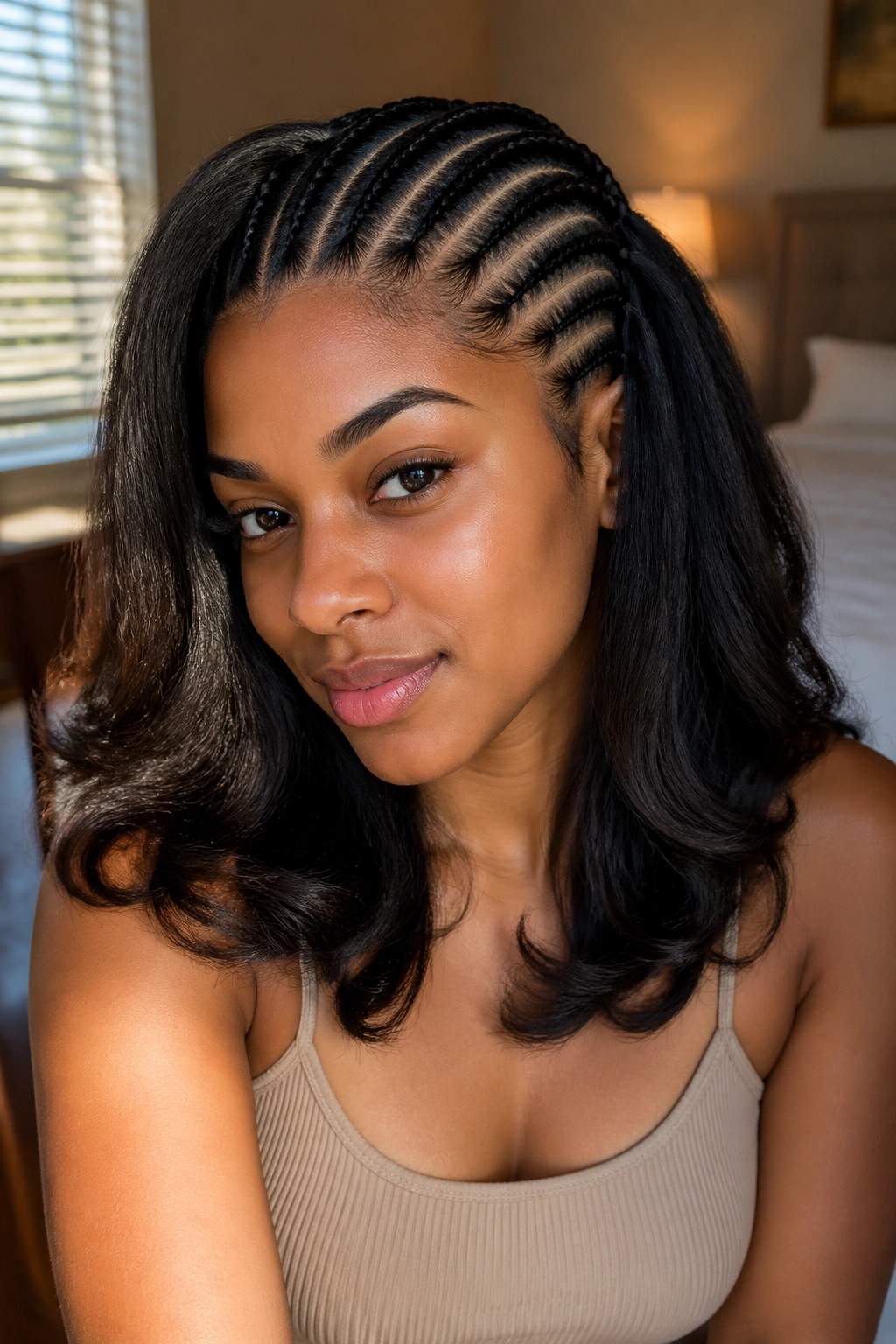 Cornrows with natural blow-out ends on a real person