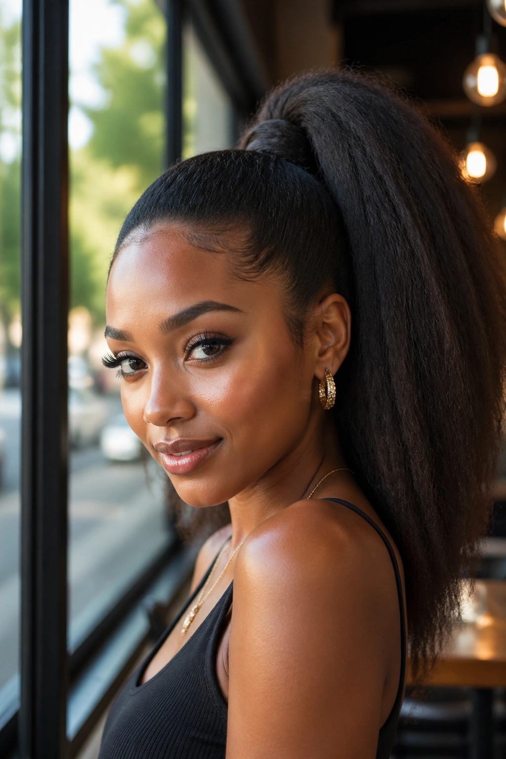 Close-up portrait of a real person with a high blown-out ponytail showing length and volume