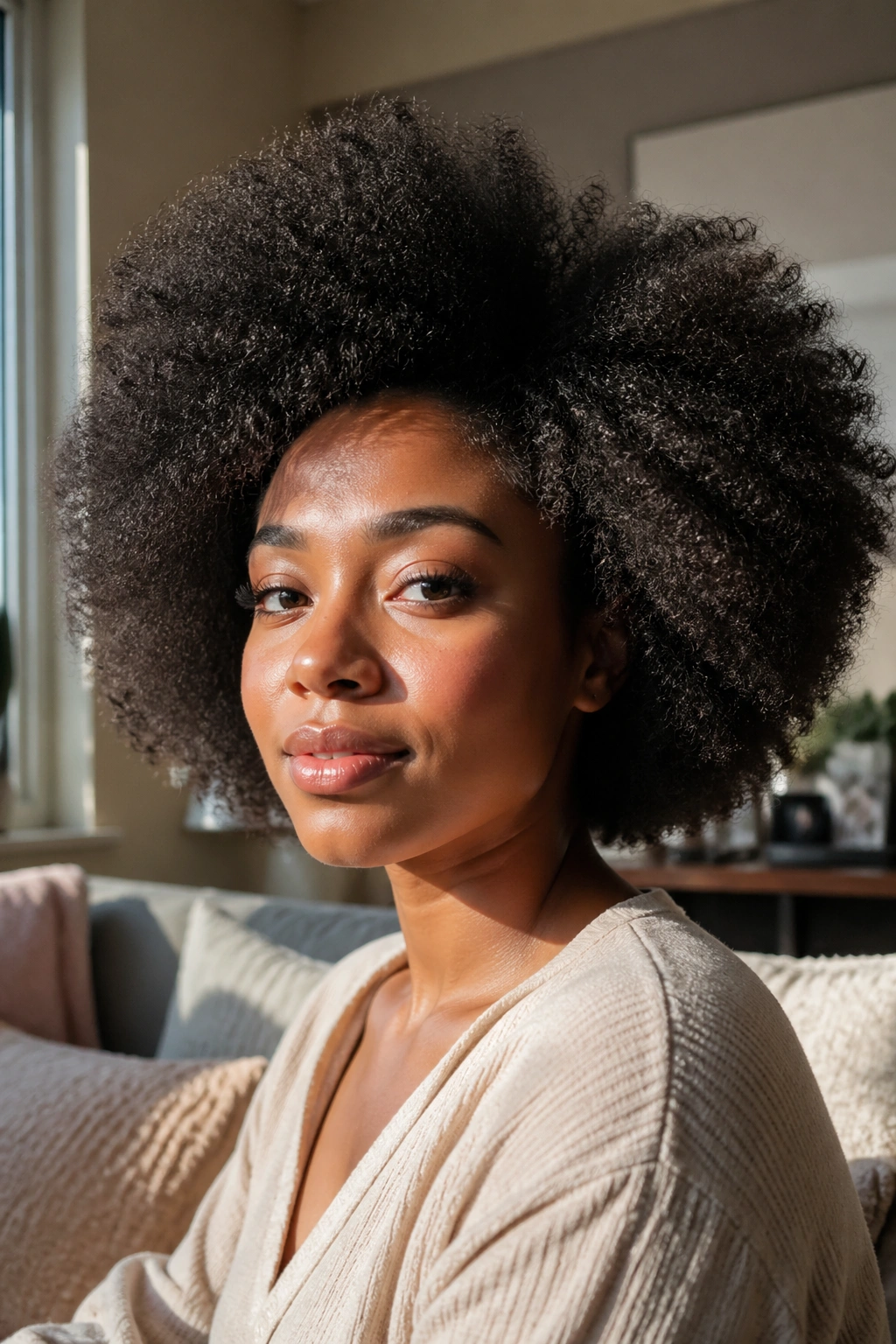 Close-up of a real woman with a blown-out natural afro and volume