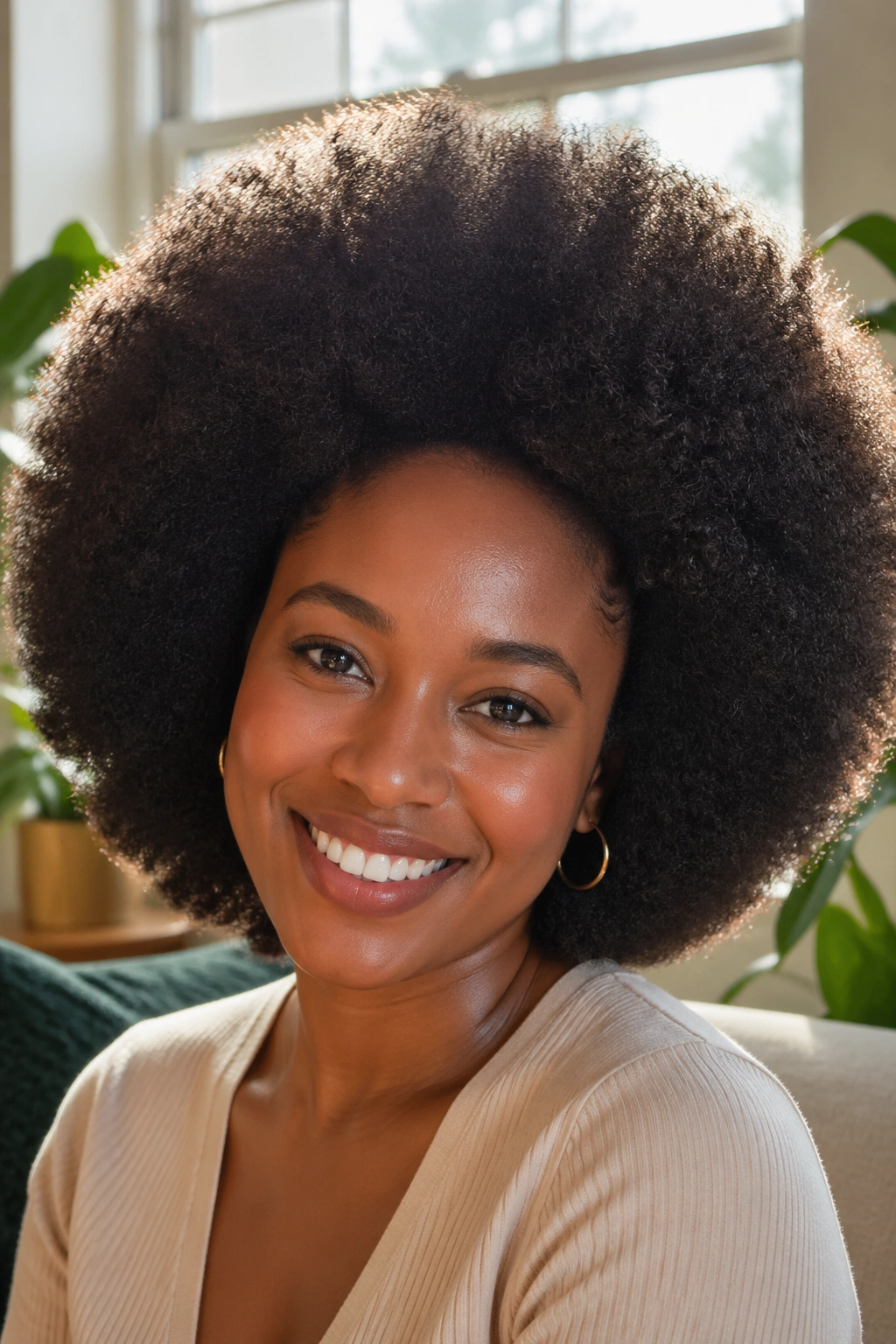 Close-up portrait of a real person with a full round blowout afro under natural window light