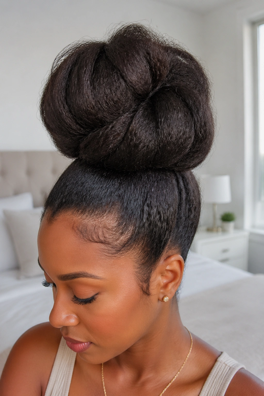 Close-up portrait of a real person with a large blown-out bun filling the frame