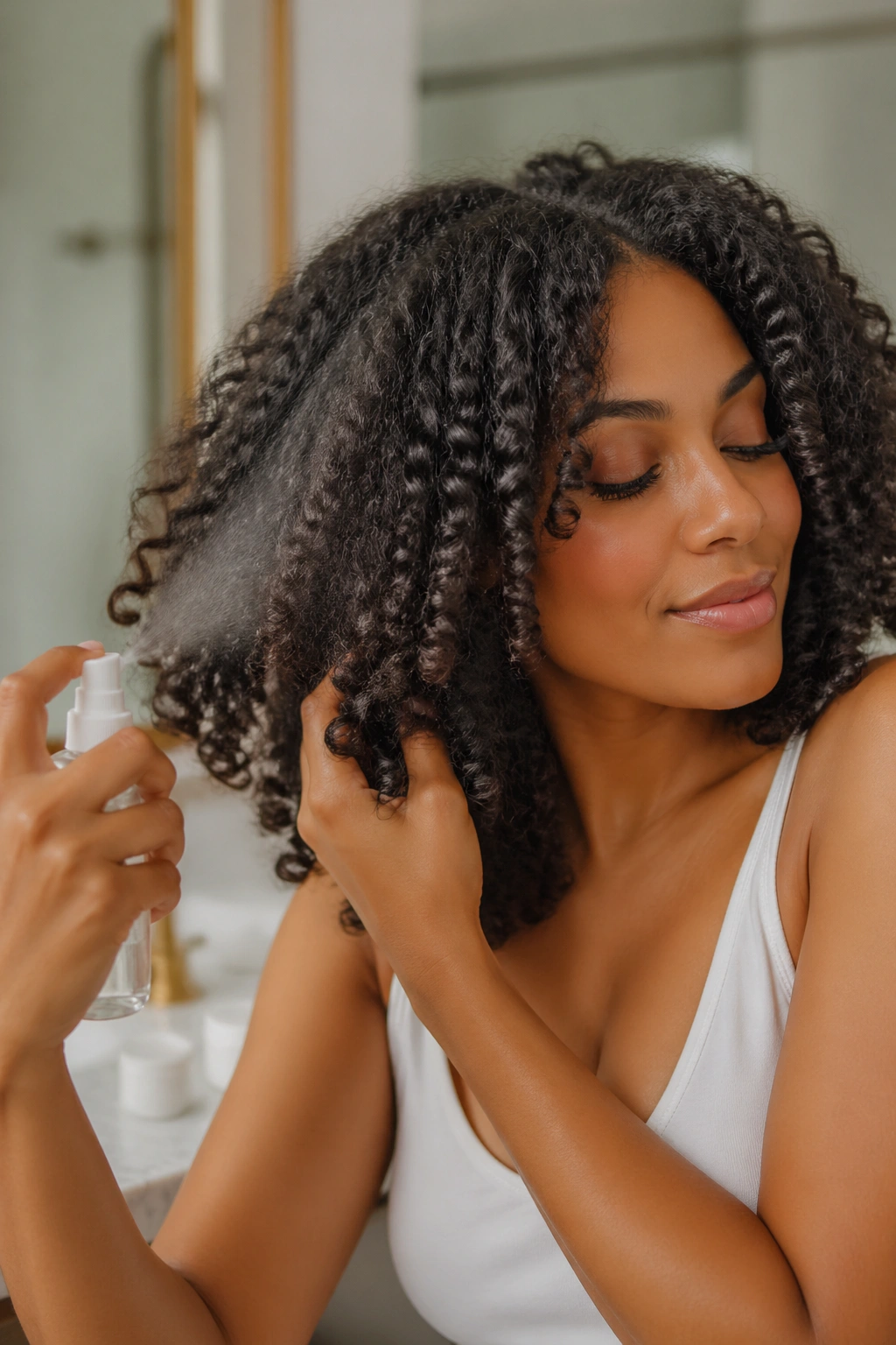 Close-up portrait of a real person refreshing blown-out curls with a light mist