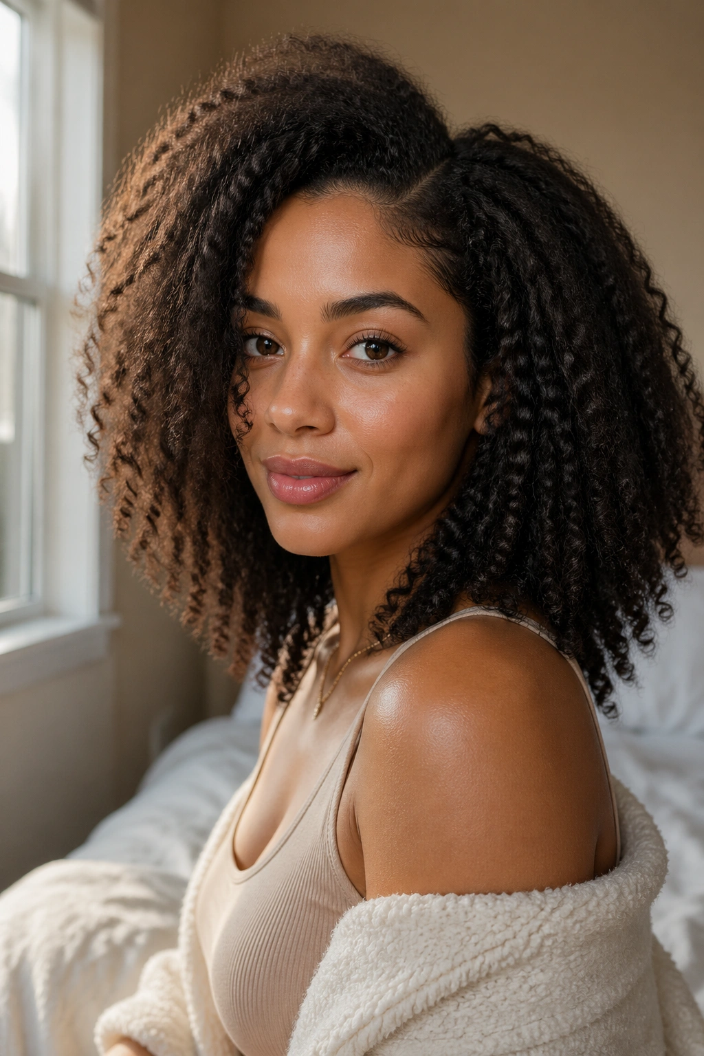 Close-up of a real woman with a blown-out natural hair curl pattern, showing length and definition