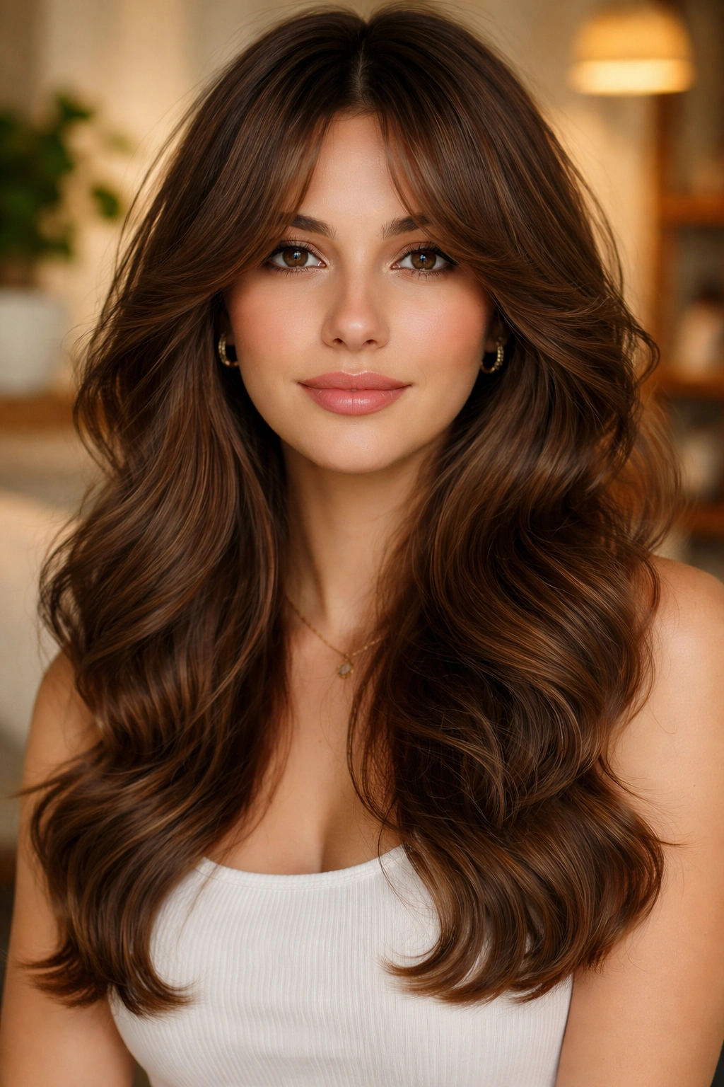 Portrait of a woman with blowout curtain bangs and soft ends