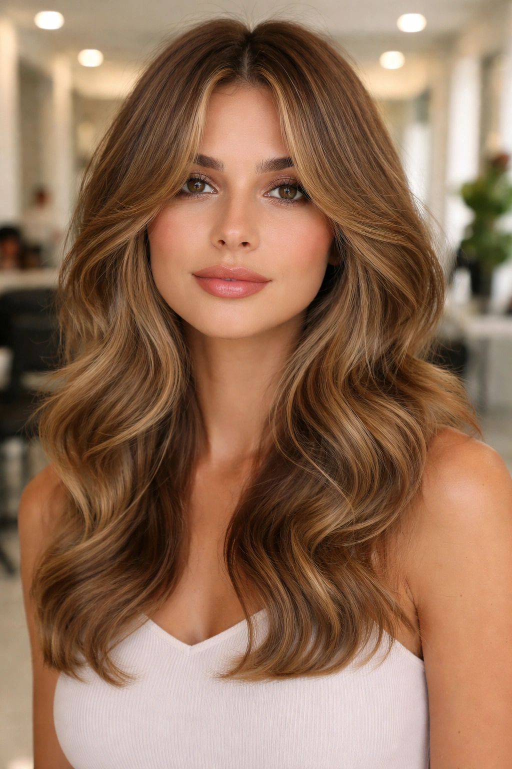 Close-up portrait of a real woman with blowout curtain bangs in a bright salon setting.