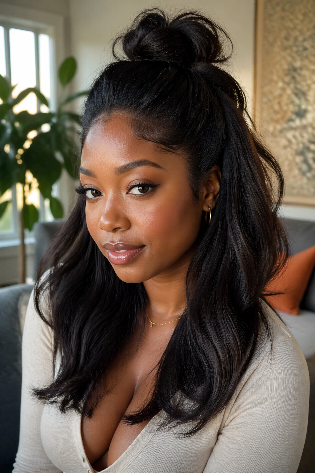 Close-up of a real Black woman with a fluffy blowout half bun