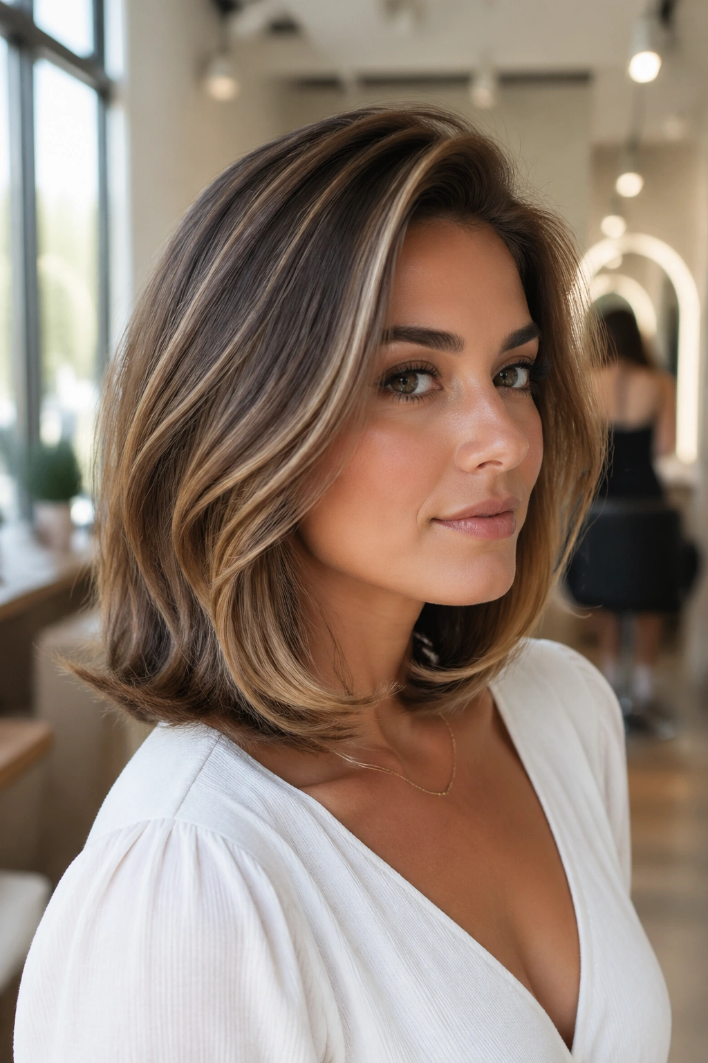 Real woman with a polished blowout lob and lifted crown.