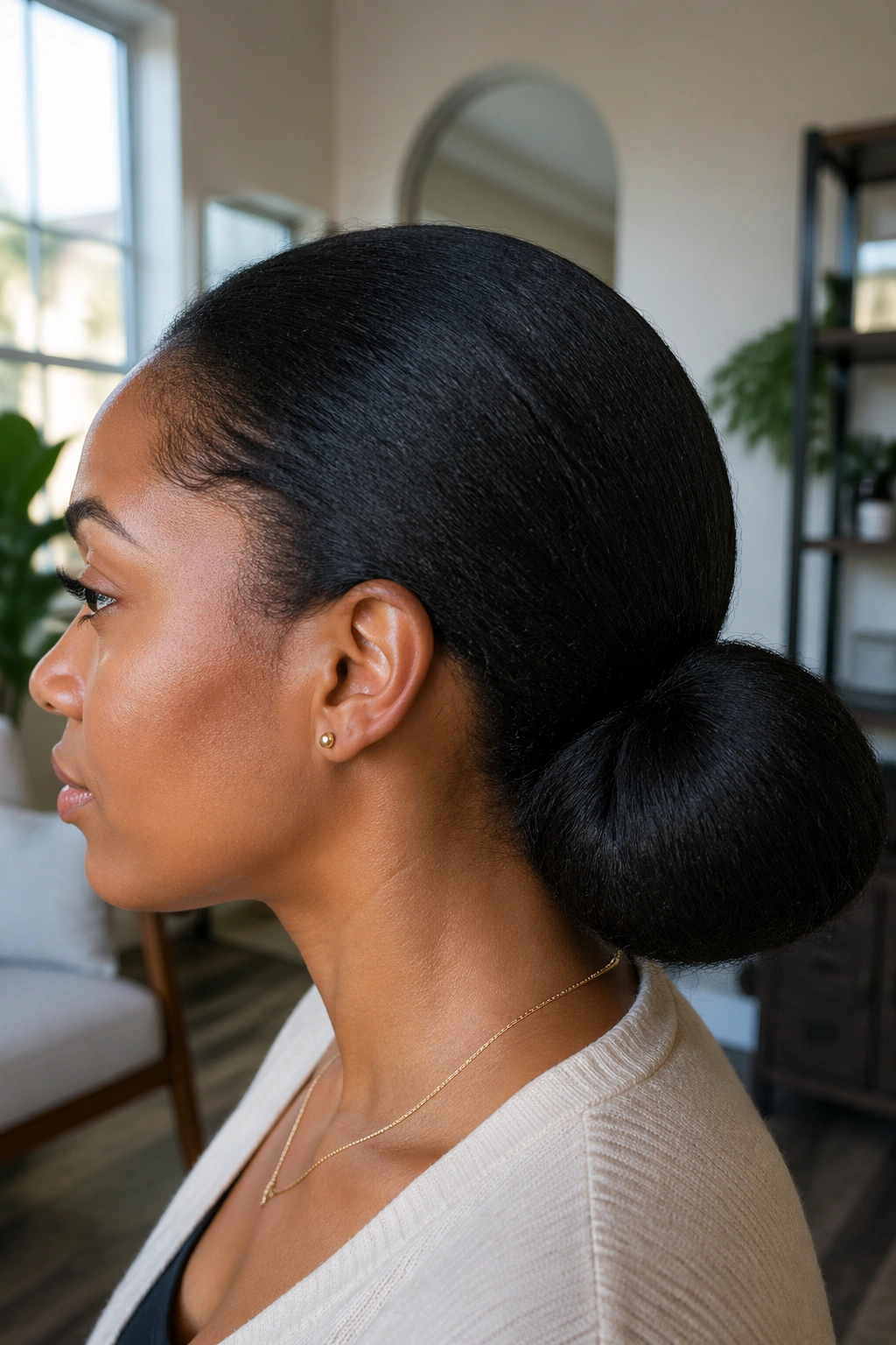Close-up of blowout-length low bun on natural hair