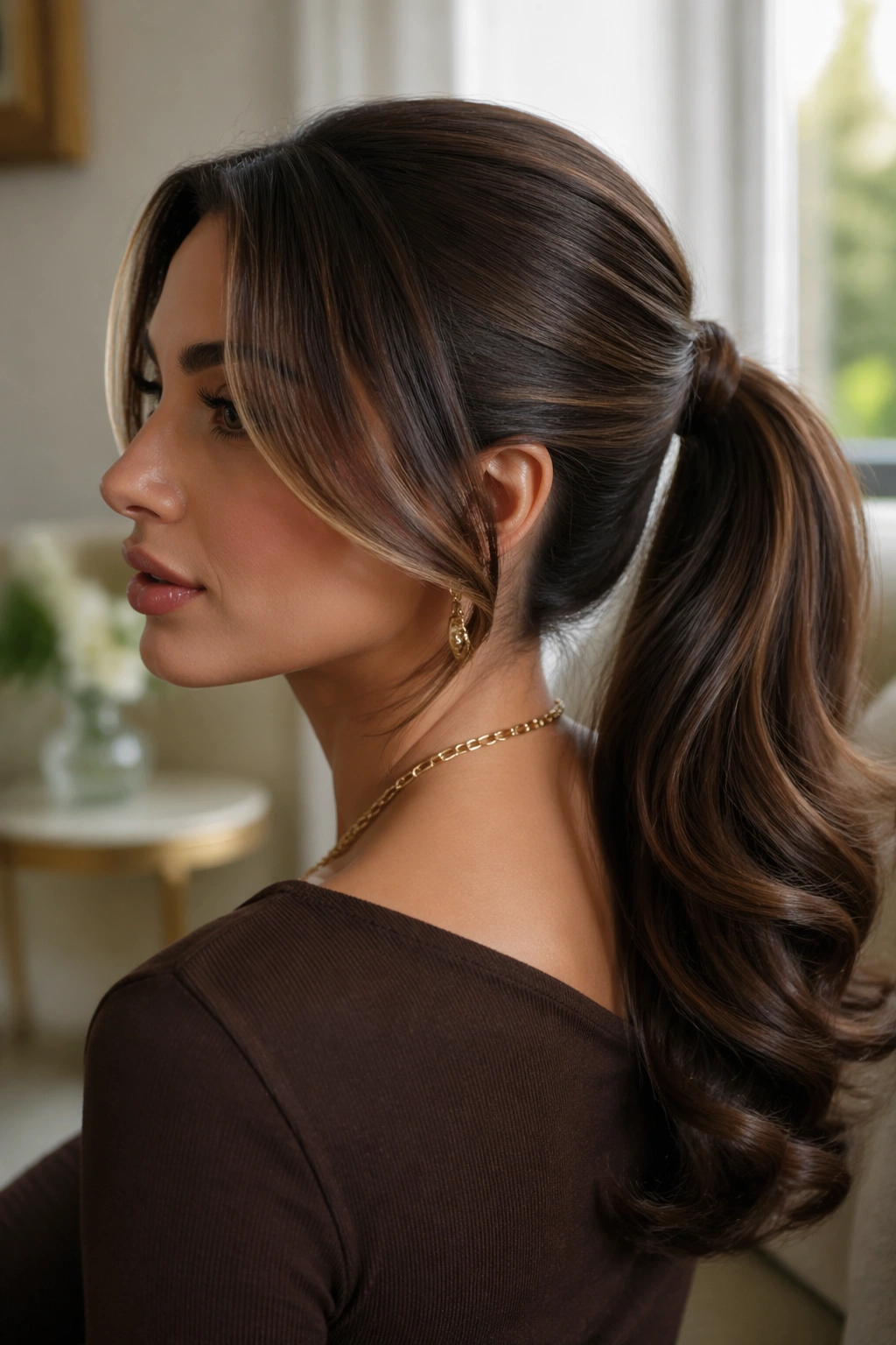Portrait showing blowout mid swoop with full-ended ponytail