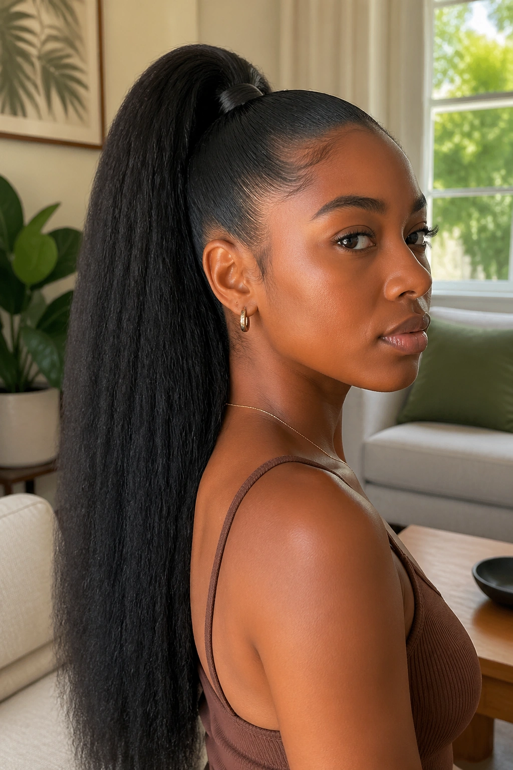 Portrait of a person with a blowout high ponytail showing length and texture.
