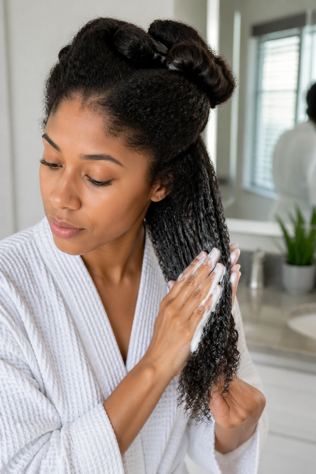 Close-up of a person applying mousse to stretched hair after a blowout