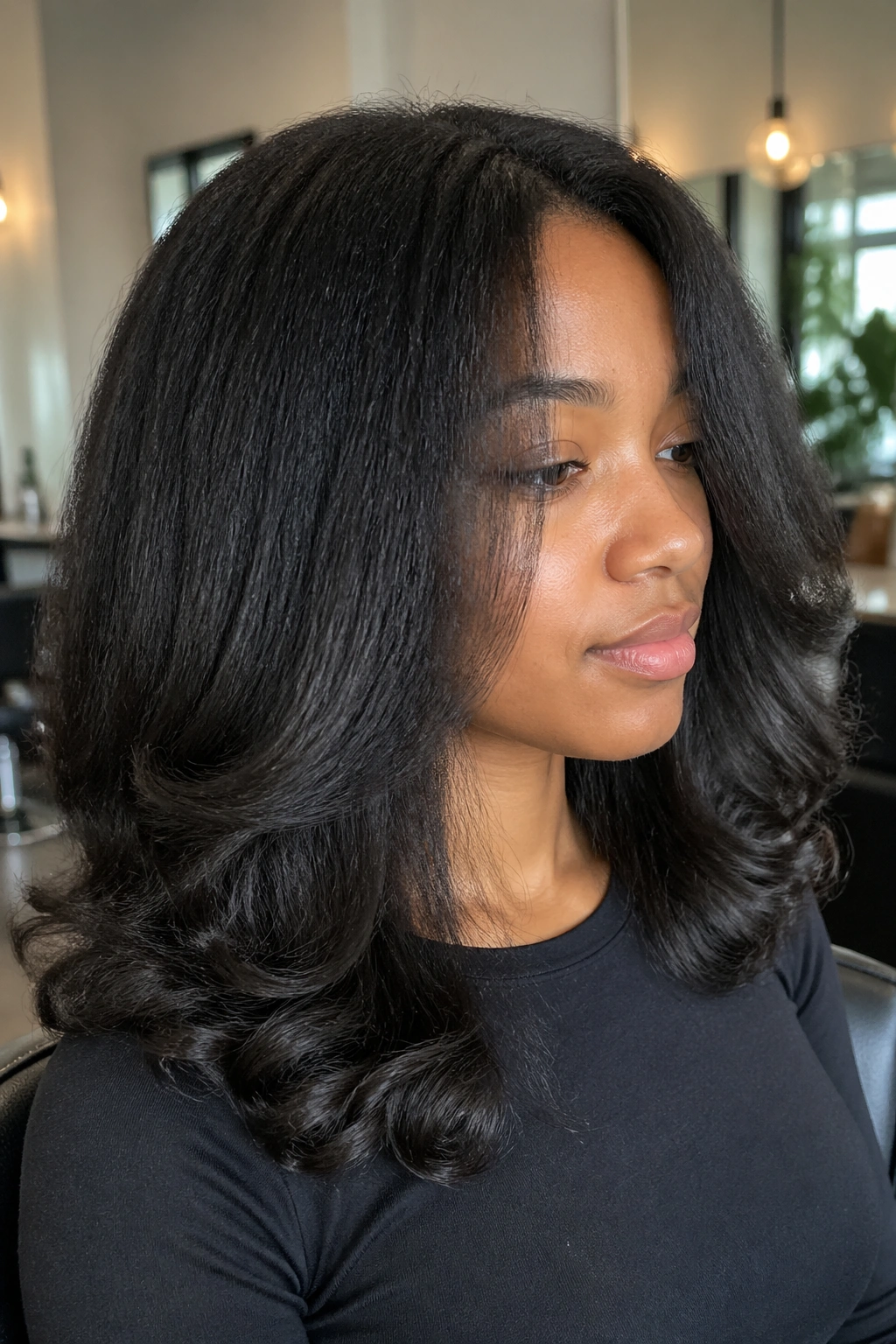Portrait of natural hair blowout with stretched look featuring straightened roots and curled ends