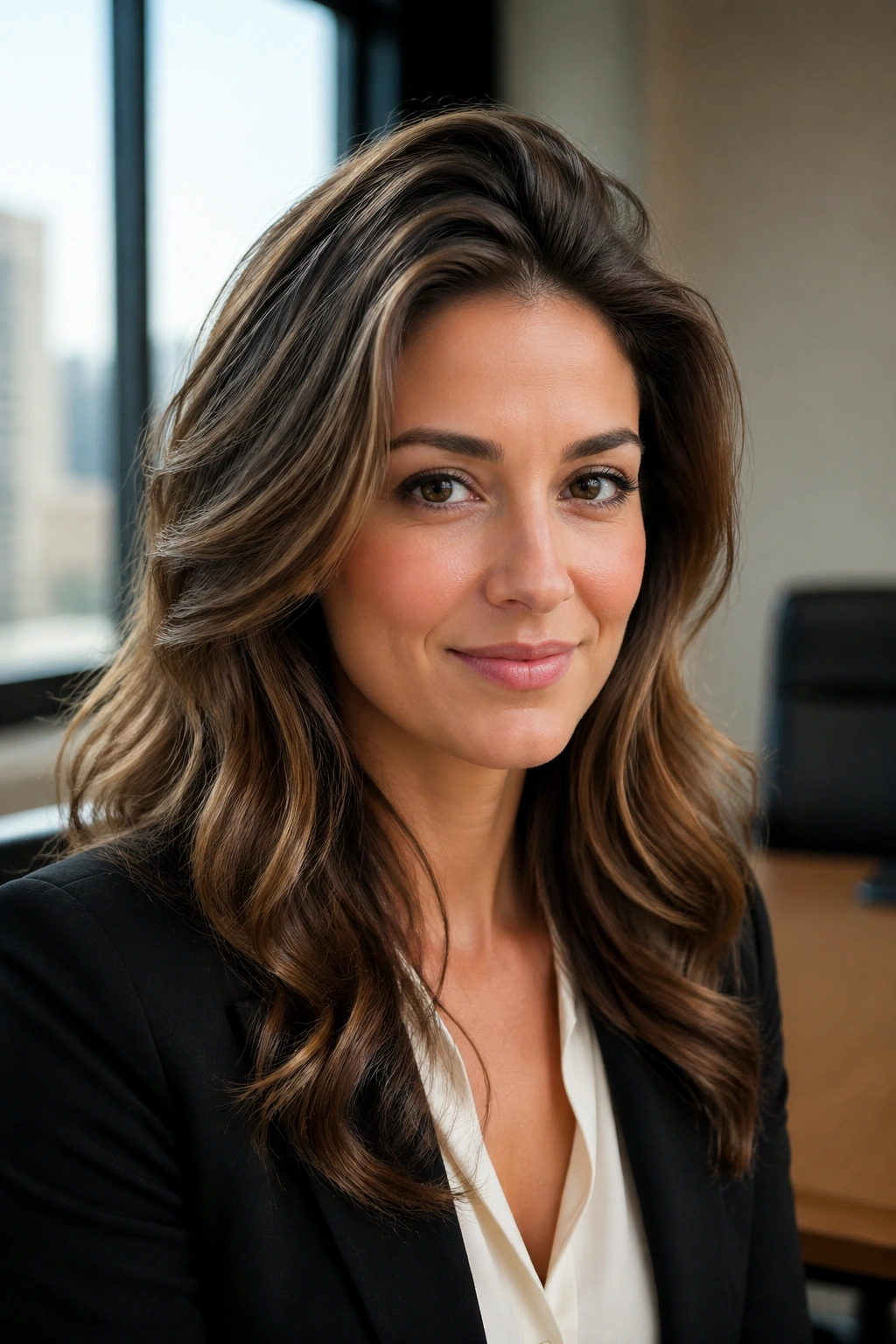 Close-up of a real woman with blowout waves and root lift in a corporate interview setting