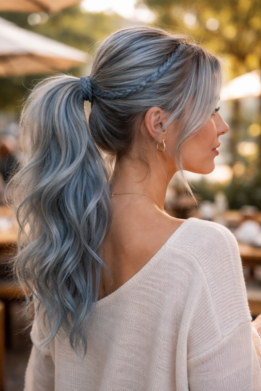 Close-up of a real person with a loose blue accent braid ponytail in a casual outdoor brunch setting.