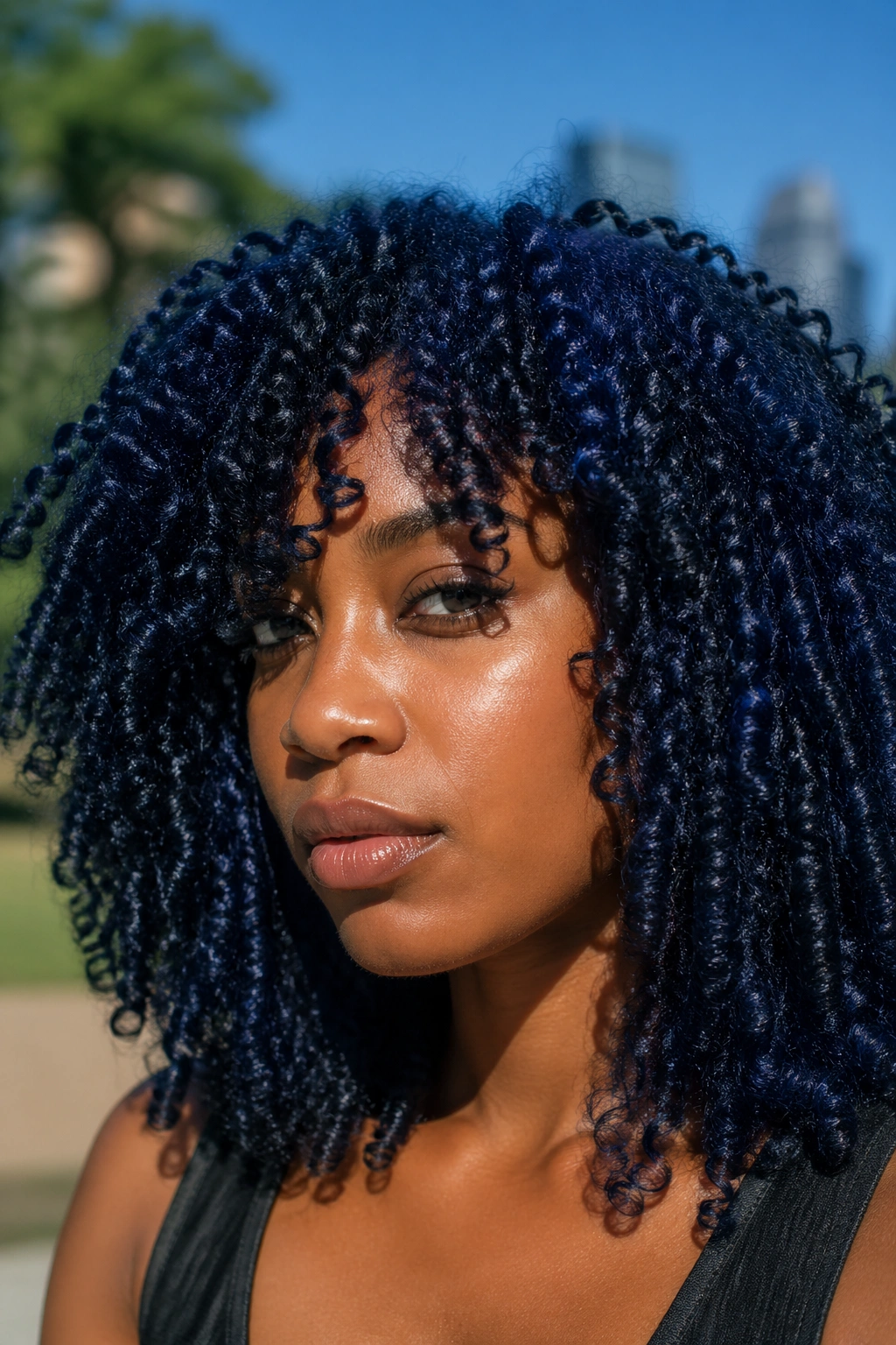 Close-up portrait of a real woman with blue-black curls.