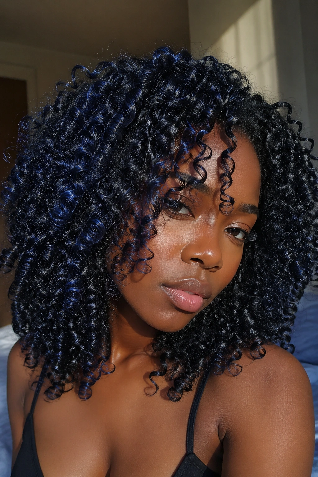 Close-up of a real person with blue-black curls and blue sheen