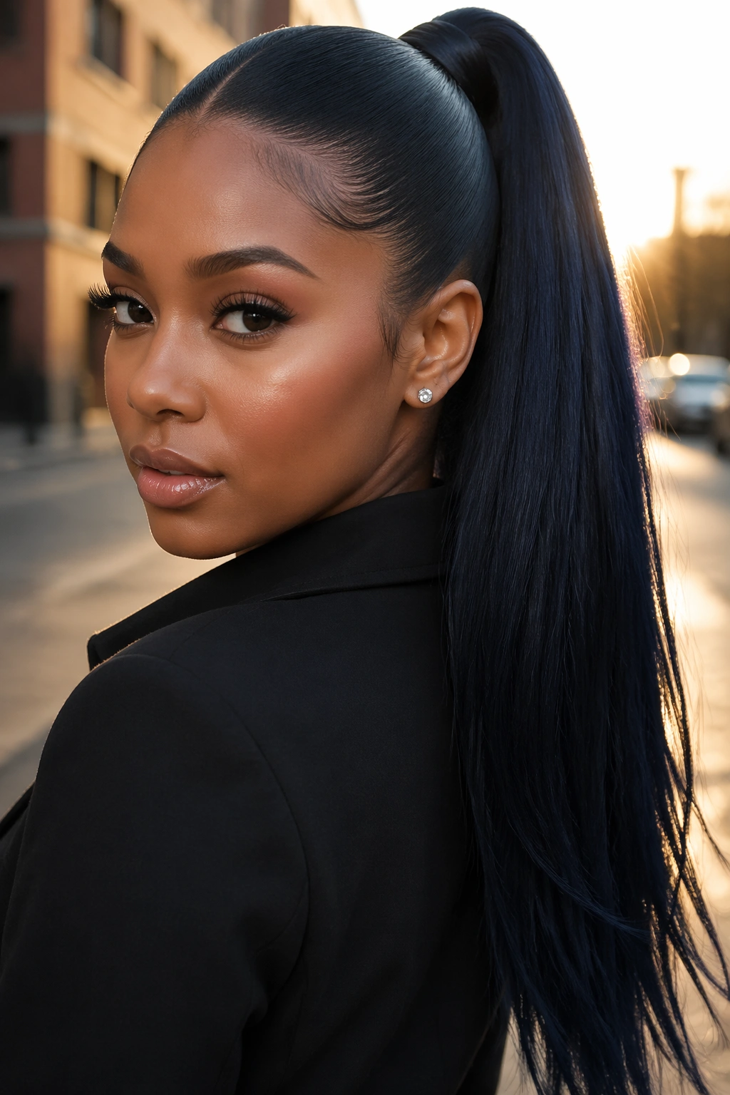 Close-up of a real woman with blue-black sleek ponytail on an urban street at golden hour