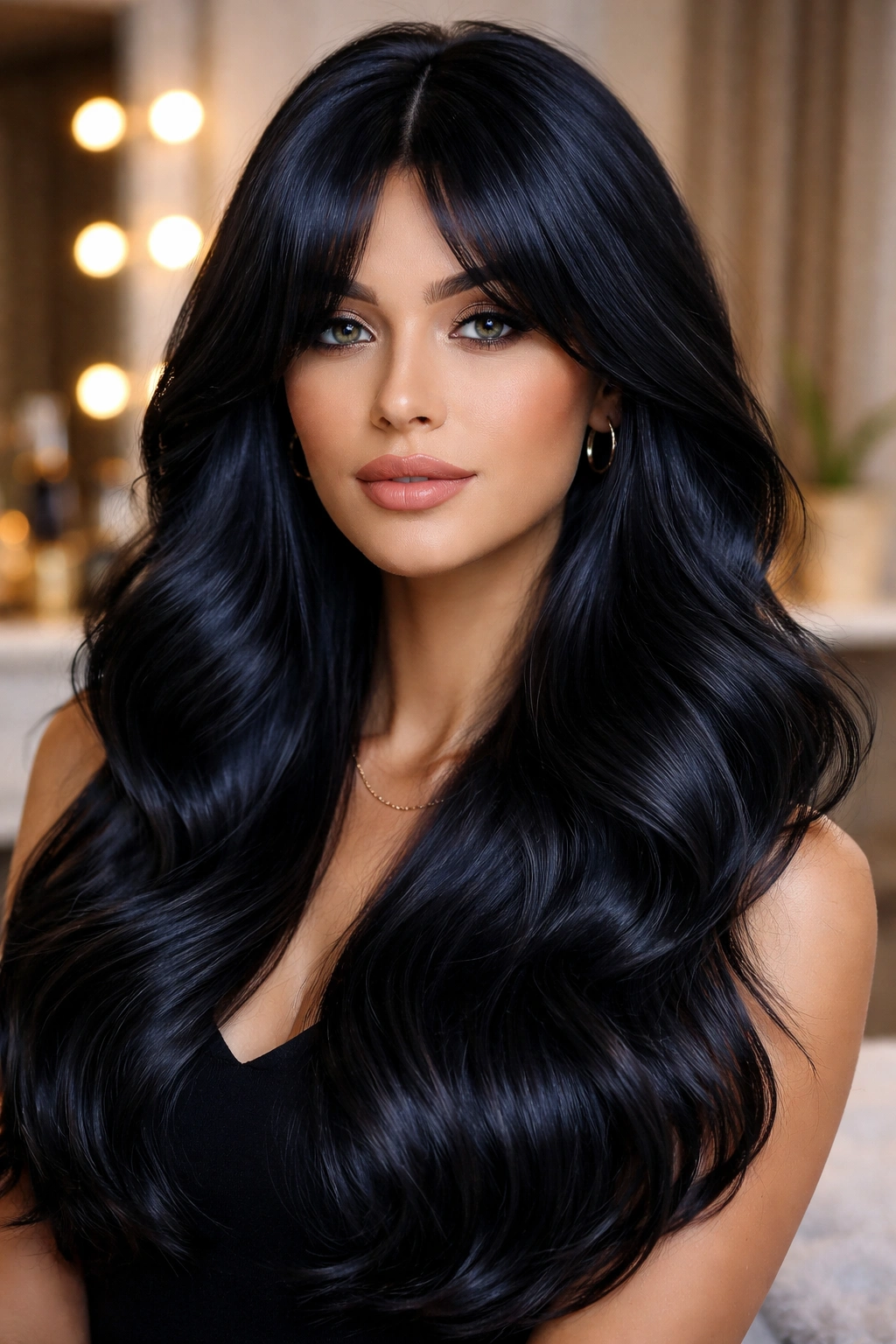 Close-up of a real woman with blue-black glossy waves and a polished bend