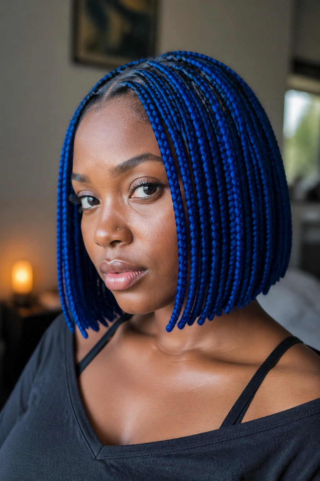 Close-up portrait of a real person with a jaw-length blue bob box braid hairstyle in natural window light.