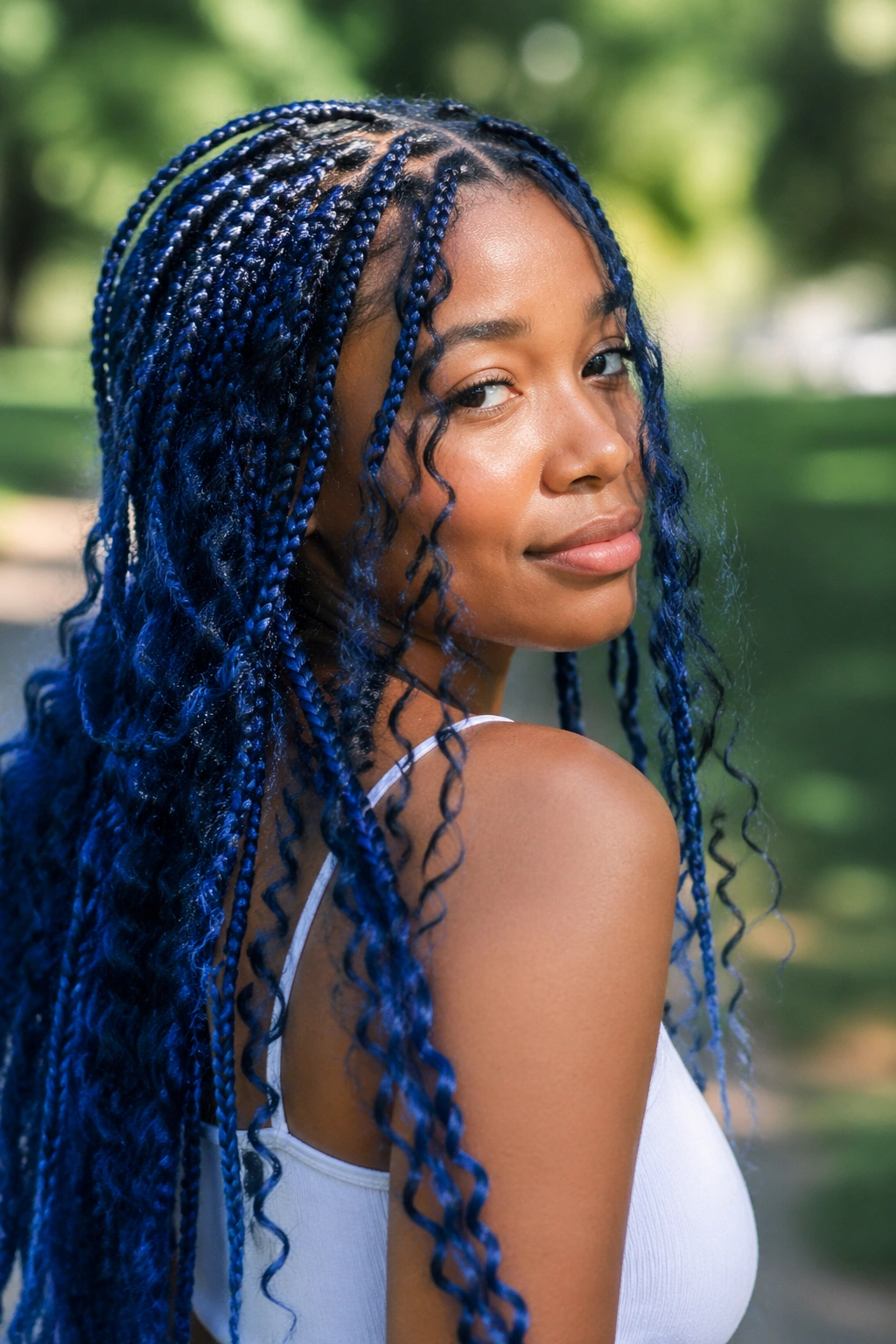 Real person with blue boho box braids and loose curls outdoors