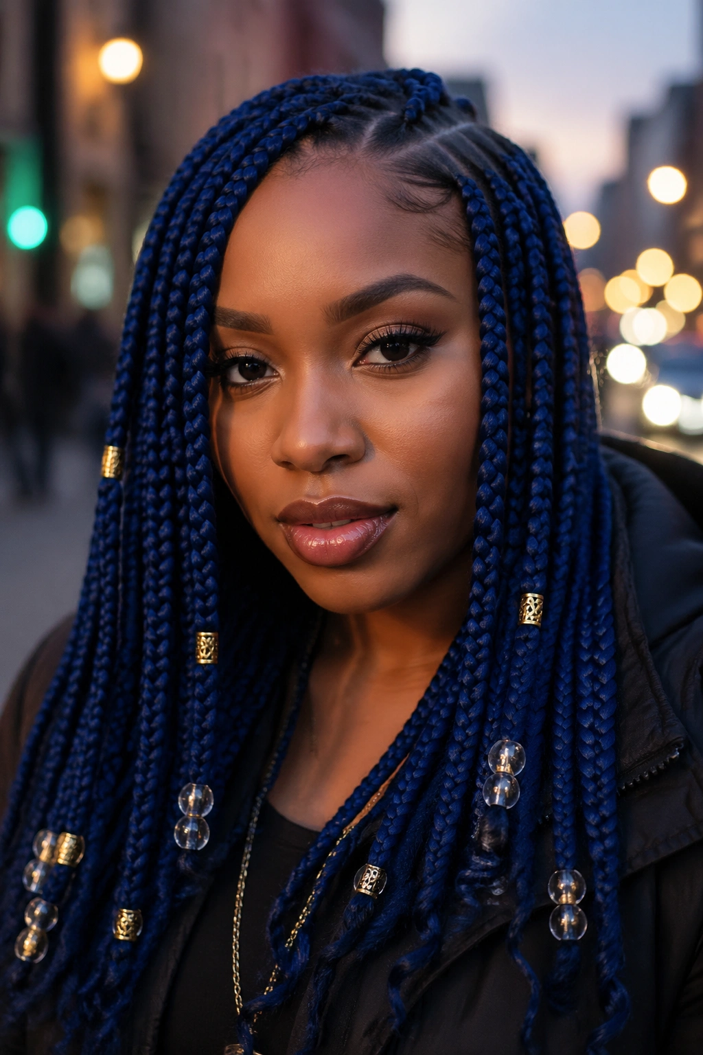 Close-up of real woman with blue box braids adorned with gold cuffs and beads.