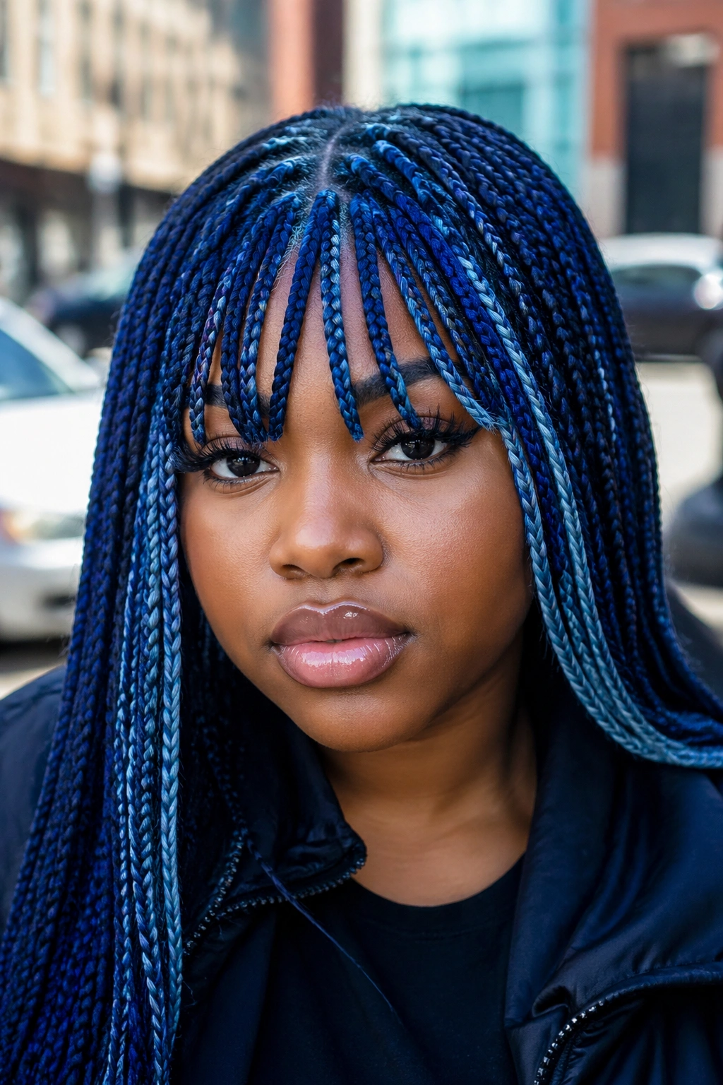 Real person with blue box braids and braided bangs across the forehead.