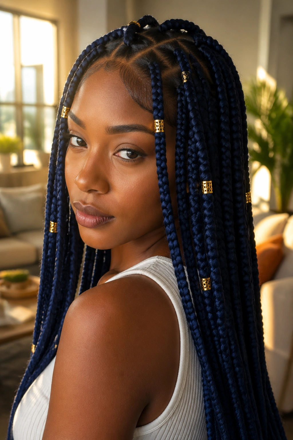 Real person with blue box braids and gold cuffs