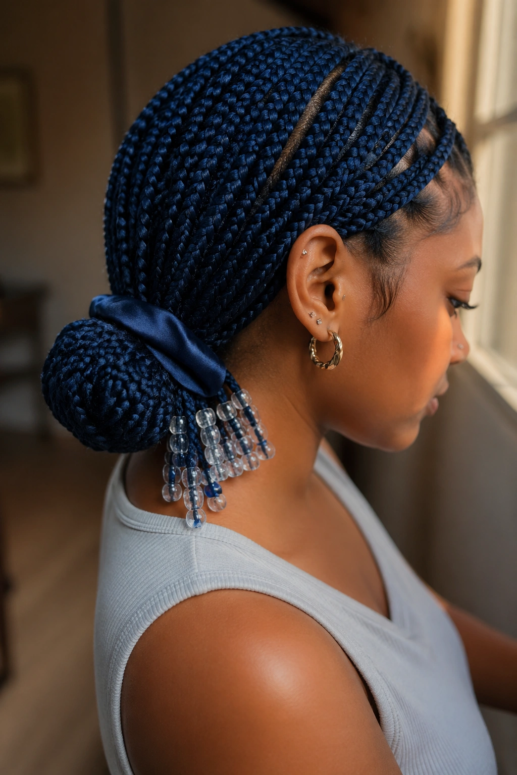 Close-up of blue knotless box braids pulled into a low bun with beaded ends