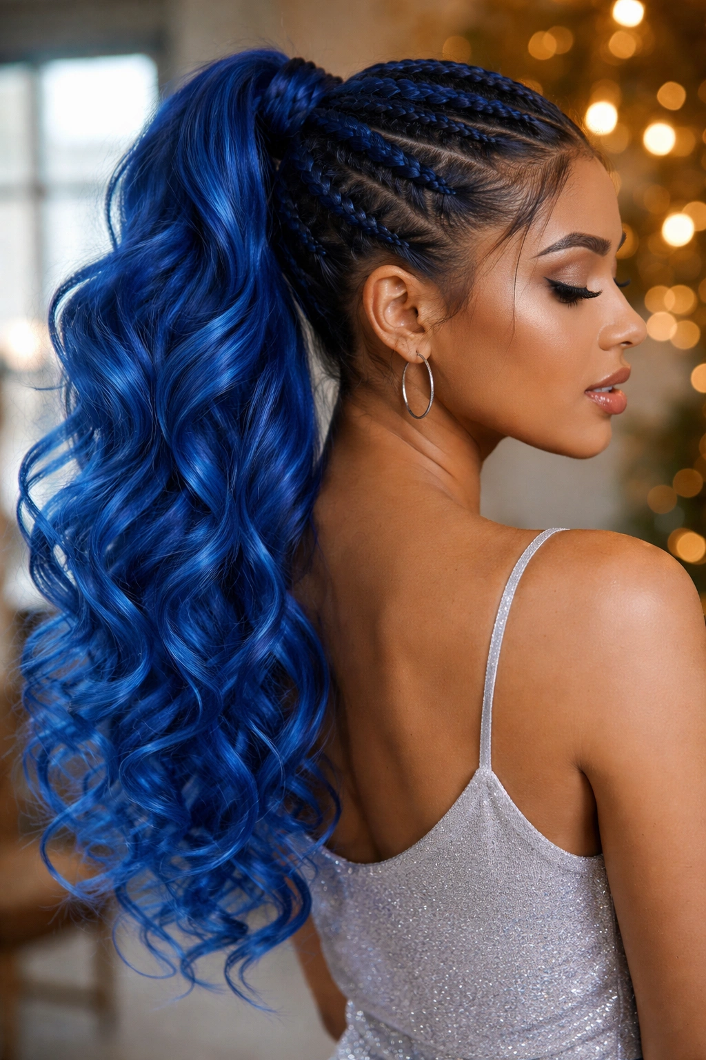 Portrait of a real person with a blue crown braid and curly ends in a party setting.