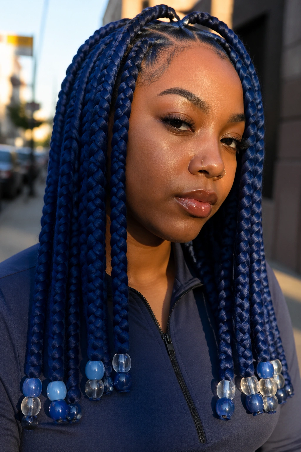 Close-up portrait of a real woman with jumbo blue knotless box braids and chunky end beads