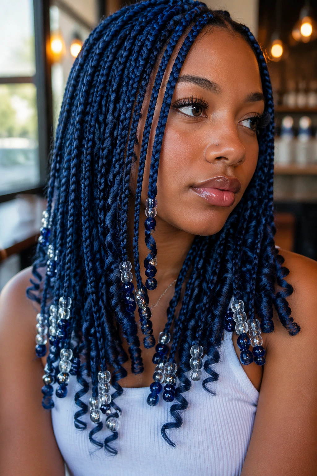 Close-up portrait of a real woman with blue knotless box braids having curly ends and beads