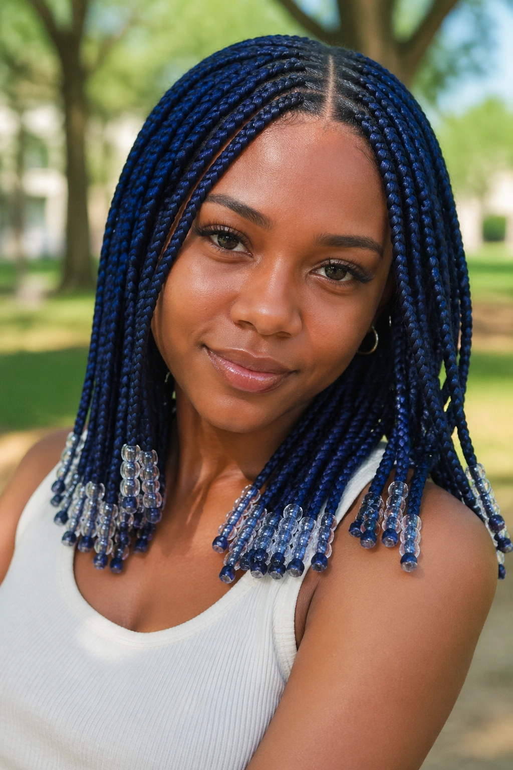 Close-up portrait of a real woman with middle-part blue knotless box braids and stacked beads