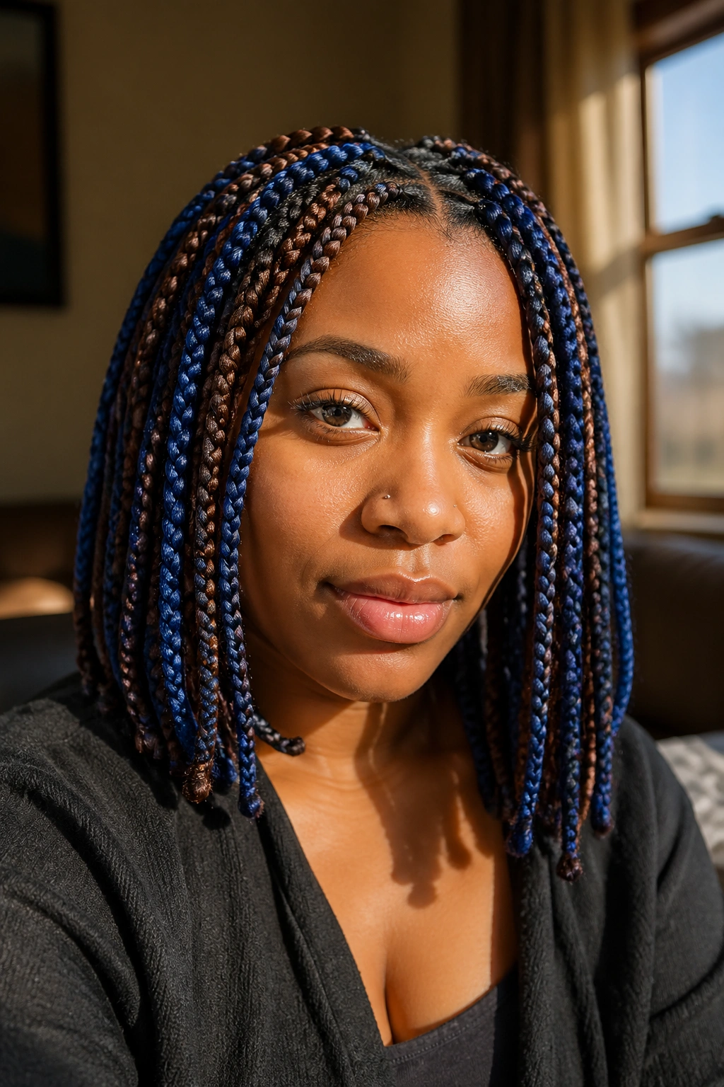 Real person with shoulder-length blue and brown box braids