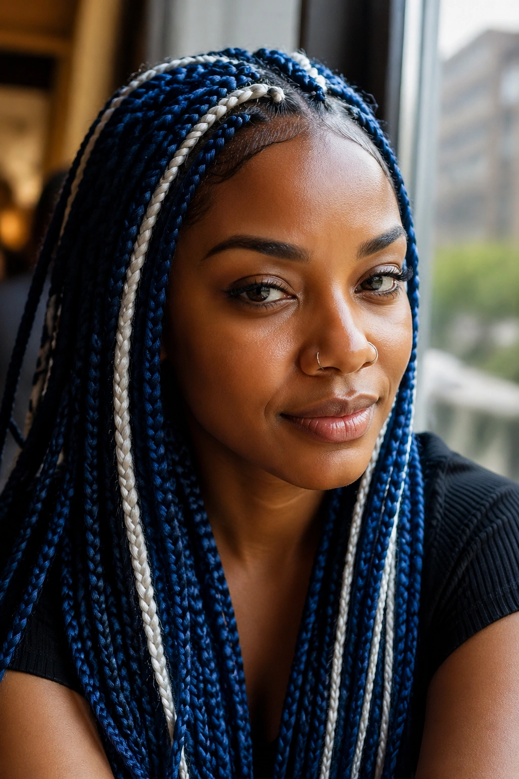 Close-up of blue-dominant box braids with white accents at temples on a real person